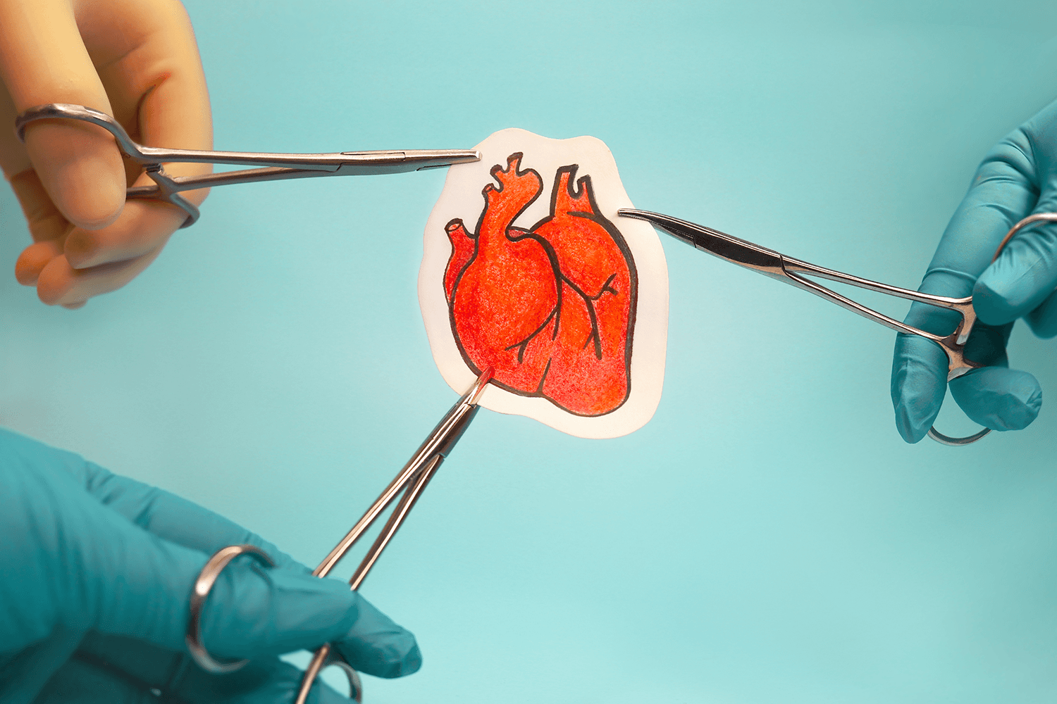 A cutout paper heart being held by clamps held by three hands.