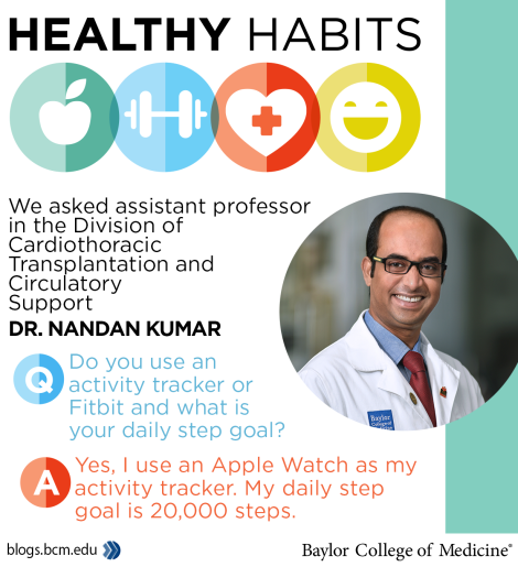 Headshot of Dr. Mondal with a quote about how he uses his Apple Watch to track his steps.