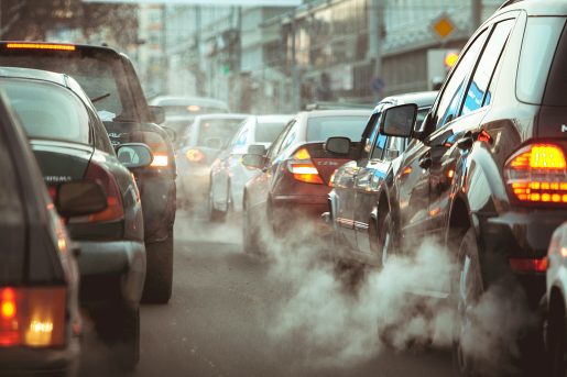 Cars in a traffic jam in the city.