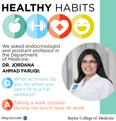 Headshot of Dr. Jordana Faruqi with a quote about workouts.