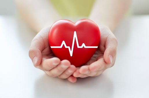 Close up of hand with cardiogram on red heart.