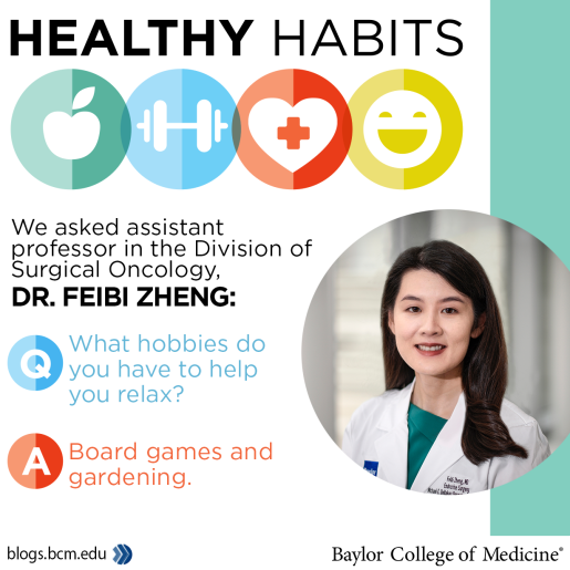 Headshot of Dr. Feibi Zheng with a quote about relaxing.