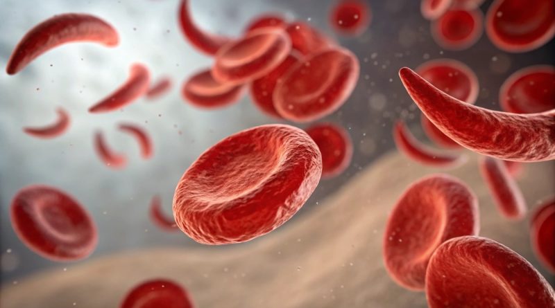 Close up of normal and sickle cell blood cells