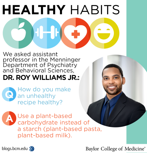 Headshot of Dr. Roy Williams Jr. with a quote about healthy recipe substitutions.