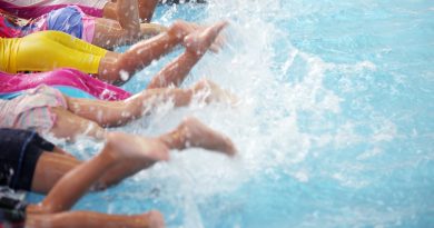 group of children at swimming pool class learning to swim