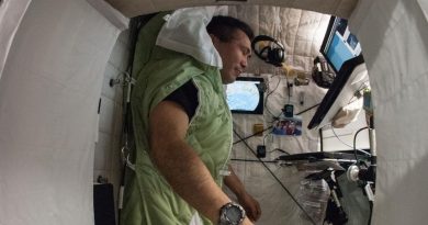 An astronaut inside a spacecraft, standing upright in a green sleeping bag-like garment. The compact interior features equipment and controls on the walls and ceiling, with a small window in front letting in light. The image has a fisheye lens effect, creating a slightly distorted perspective.