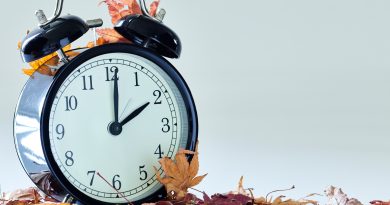 Image of autumn Time Change, Fall back concept, Dry leaves and vintage alarm Black Clock on wooden table outdoors at afternoon