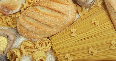 Assorted breads and pastas.