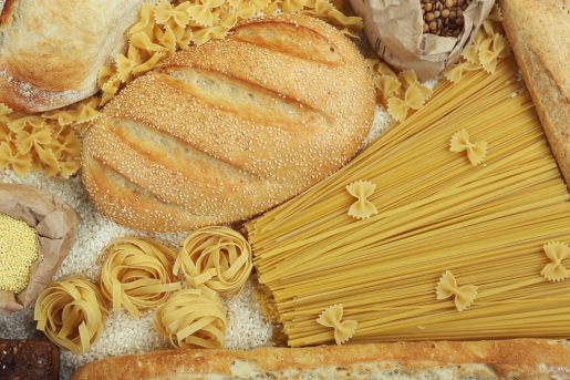 Assorted breads and pastas.