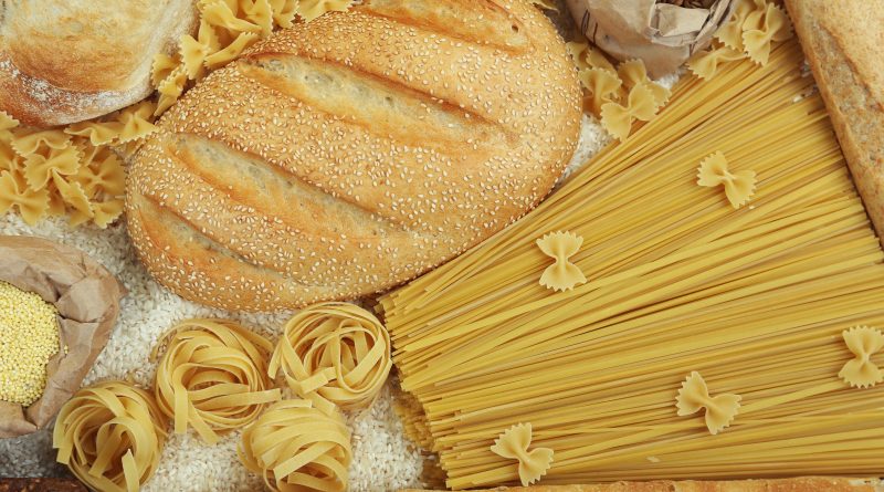 Assorted breads and pastas.