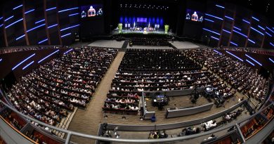 An birdseye shot of the audience for Commencement 2025 at the Smart Financial Centre in Sugarland, Texas.