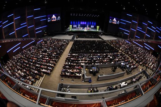 An birdseye shot of the audience for Commencement 2025 at the Smart Financial Centre in Sugarland, Texas.