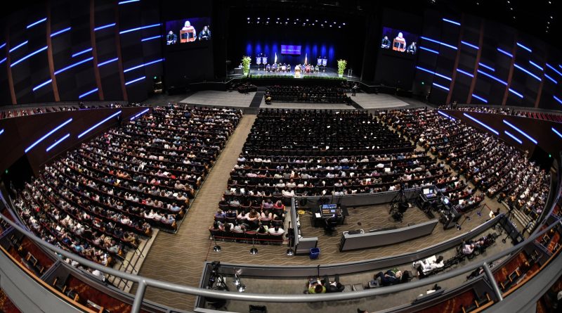 An birdseye shot of the audience for Commencement 2025 at the Smart Financial Centre in Sugarland, Texas.