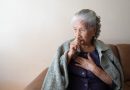 Asian senior ill female have a cough and sore throat. Causes of cough include common cold, flu, respiratory tract infection, pneumonia, bronchitis, allergy or asthma. Elderly health care concept.
