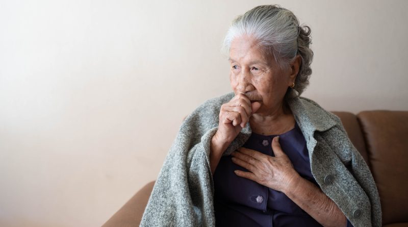 Asian senior ill female have a cough and sore throat. Causes of cough include common cold, flu, respiratory tract infection, pneumonia, bronchitis, allergy or asthma. Elderly health care concept.