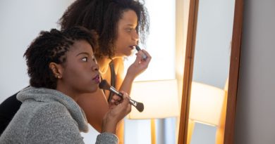 Two women doing makeup.